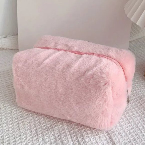 Fuzzy Cosmetic Bag Makeup Travel Organize Clutch Toiletry Pink or White Weekend - Picture 2 of 9